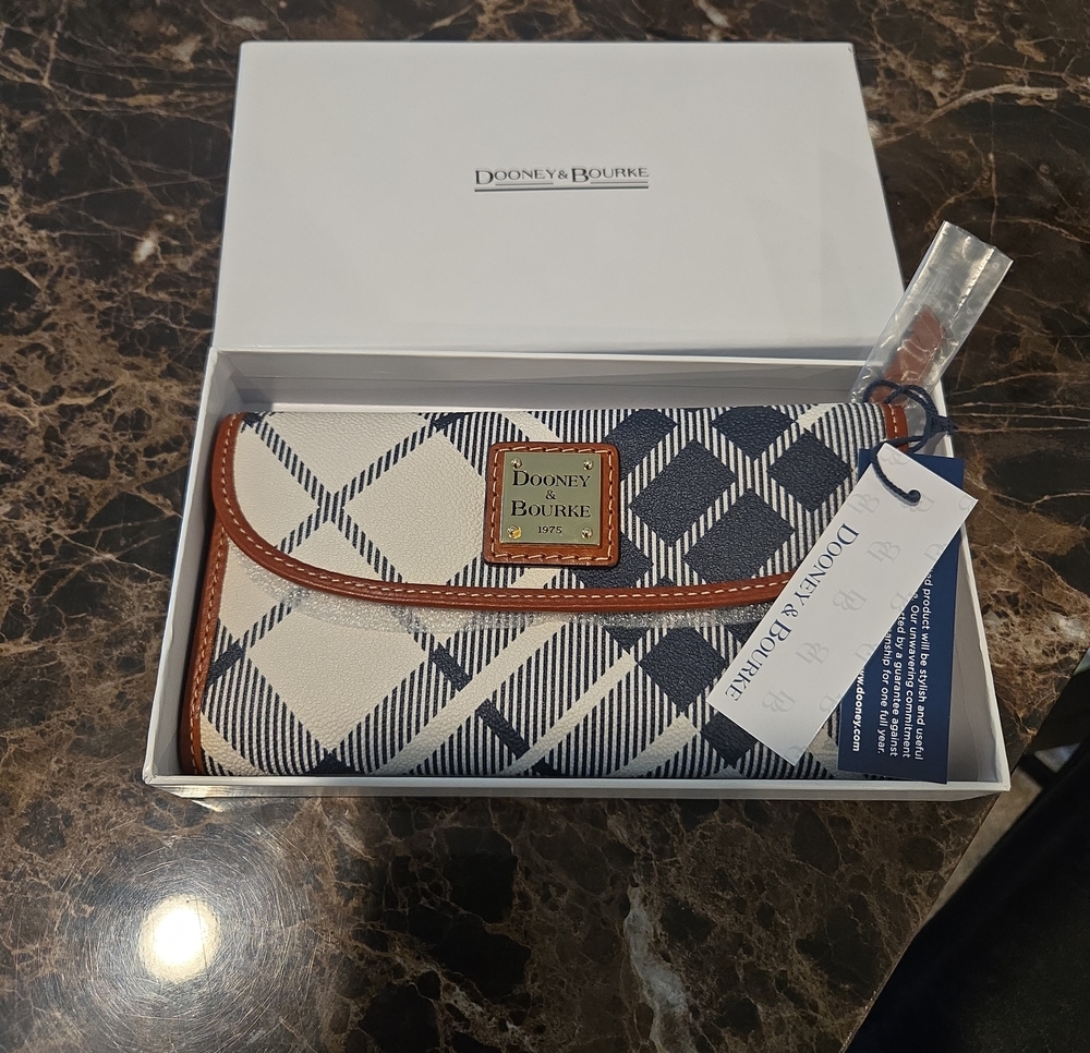 Dooney & Bourke Navy and White Plaid Wallet with Brown Trim and Gold Plaque - Picture 1 of 3